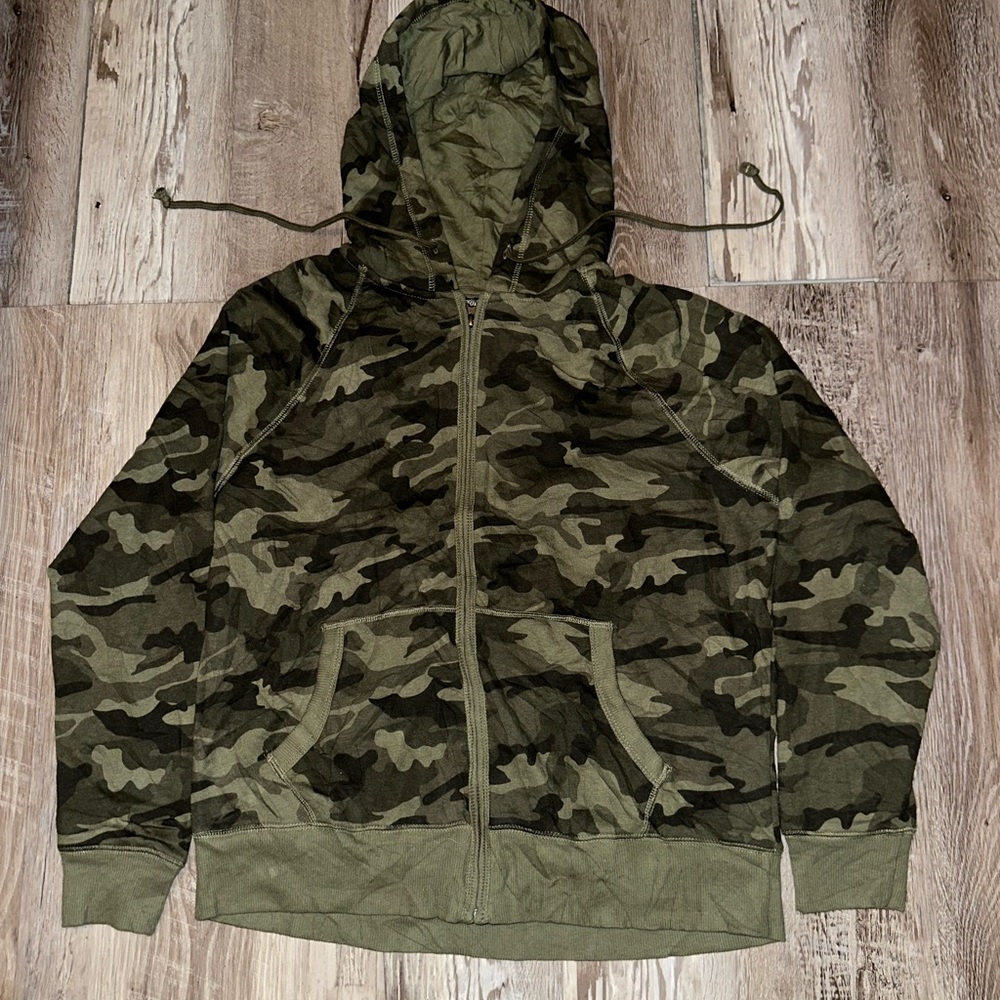 Camouflage Zip-Up Hoodie Jacket - Olive Green